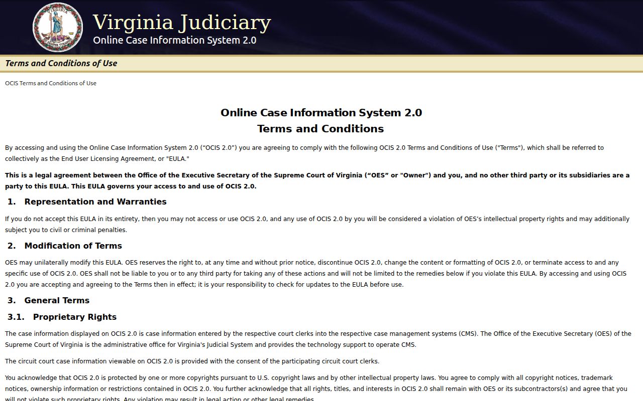 Virginia OCIS case search interface without any individual case record