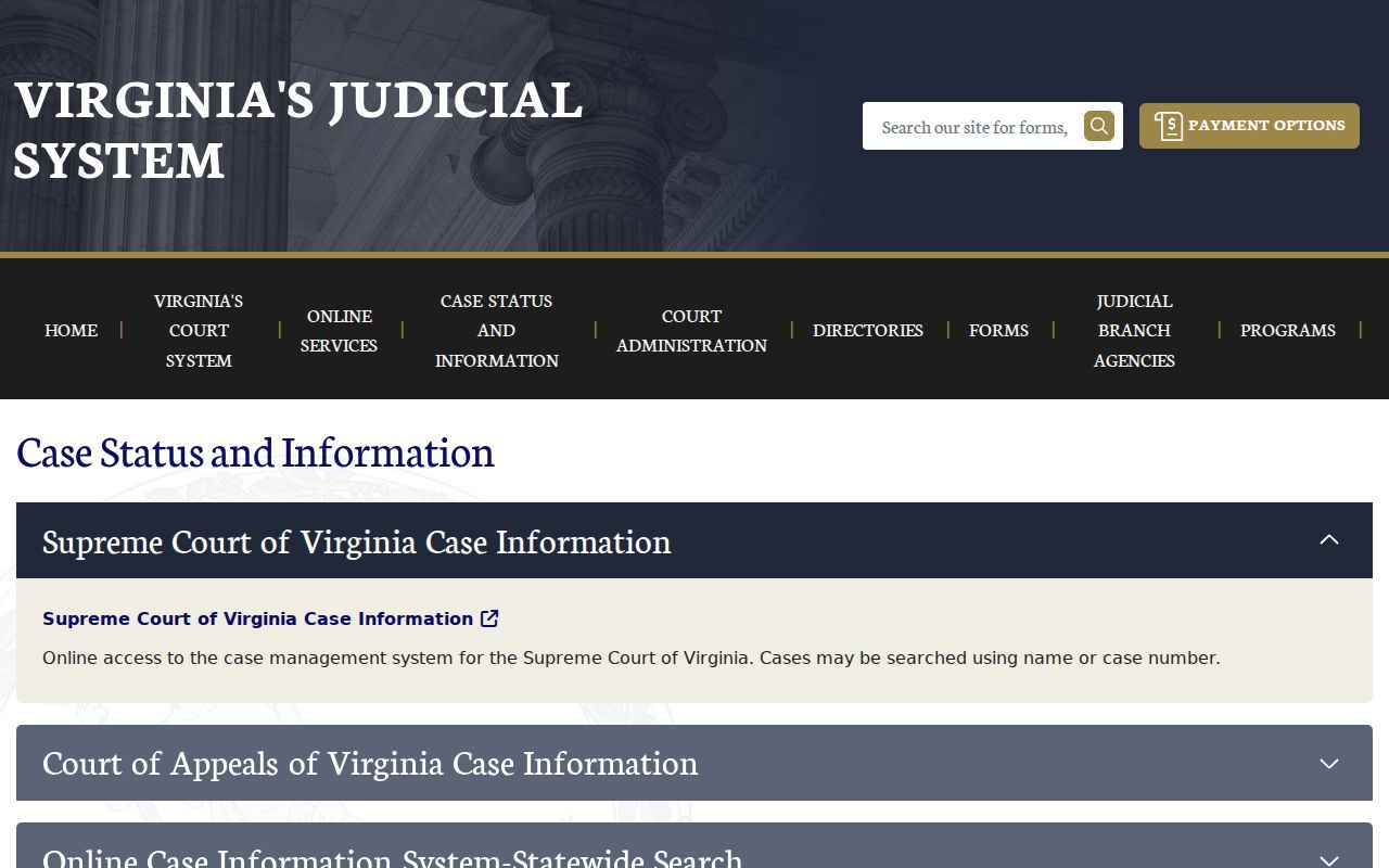 Virginia courts case information overview showing an official online search starting point