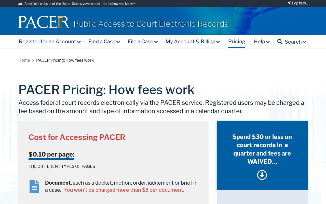 PACER federal case access pricing information, not Rockingham County warrant status